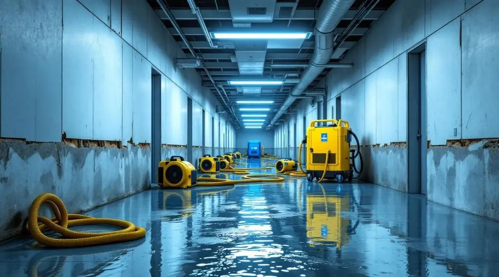 Professional restoration technicians using industrial water extractors in a Ladson office building hallway
