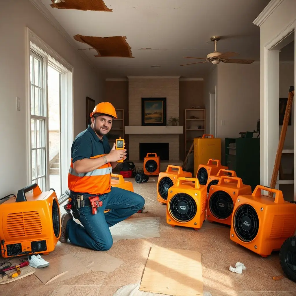 Industrial air movers and dehumidifiers professionally placed in a Meggett home to ensure complete drying.