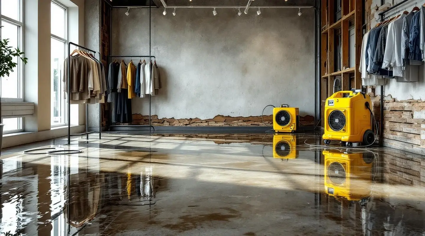 Professional restoration crew using industrial water extractors inside a flooded Ladson retail space with high-speed fans.