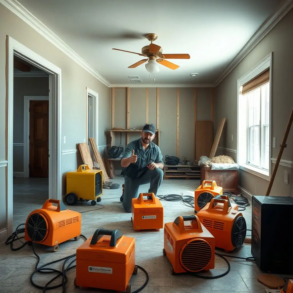A clean, organized restoration setup inside a home, featuring high-velocity air movers and a professional dehumidifier.