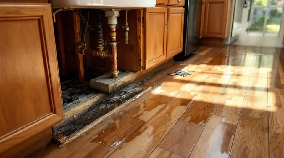 Professional technician inspecting water-damaged kitchen cabinets in a Ladson home with specialized drying equipment.