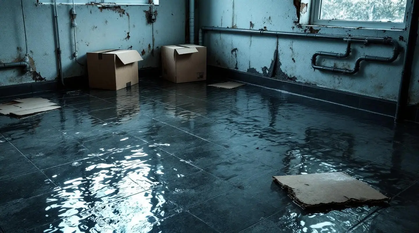 Professional technician using industrial water extraction equipment in a flooded Ladson basement with warm cinematic lighting.