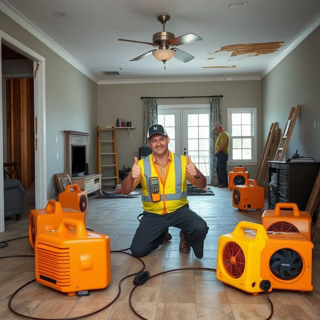 A smiling restoration professional explaining the drying process to a Goose Creek homeowner in their living room.