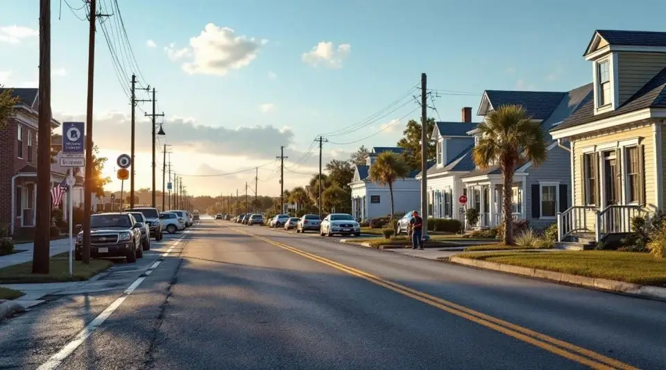 A peaceful Sullivan's Island street lined with historic coastal cottages and palmetto trees under a soft morning sky.