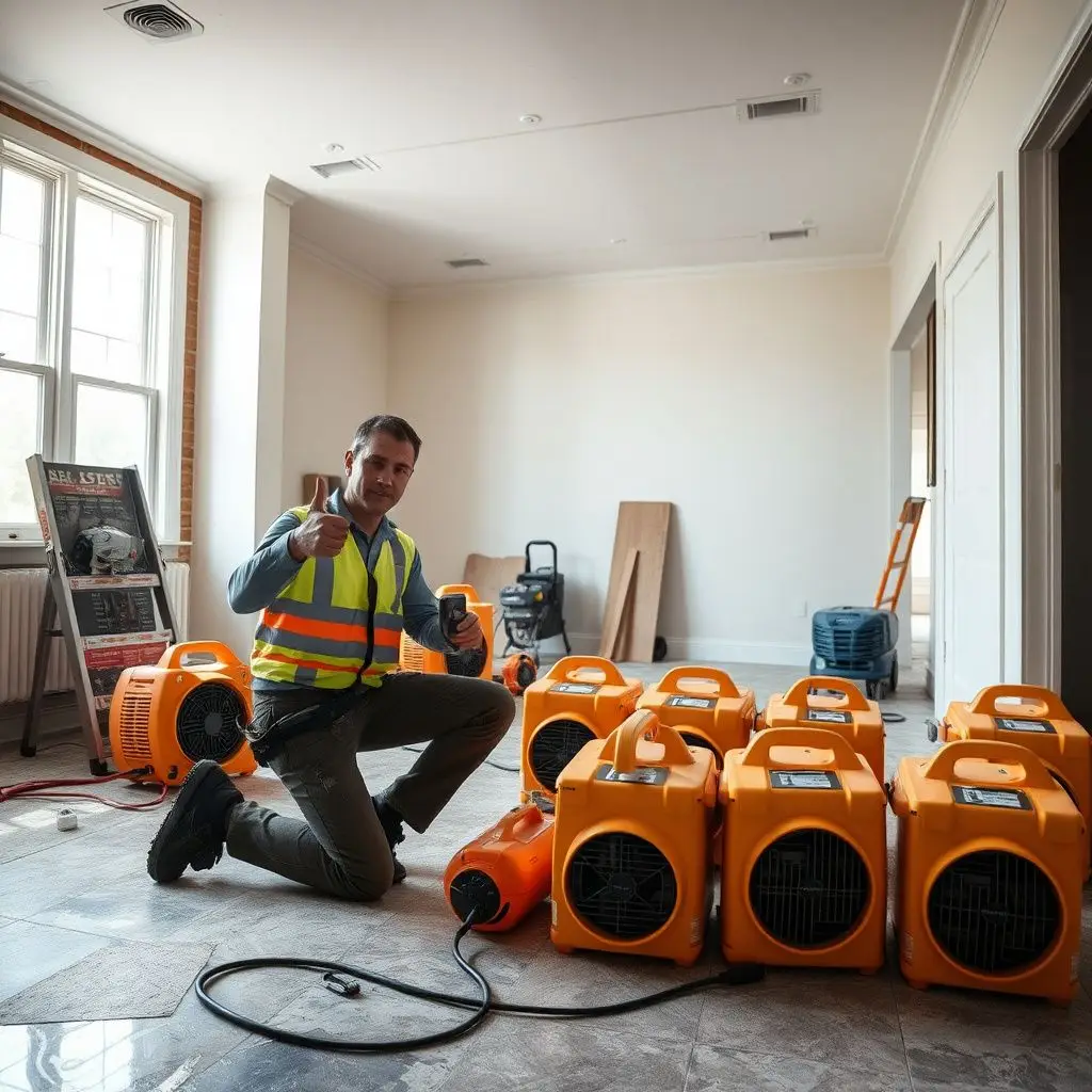 A clean, organized restoration setup inside a Ravenel living room showing high-velocity air movers.