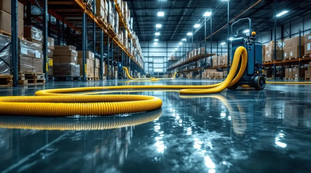 Industrial water extraction equipment clearing a flooded warehouse floor with professional technicians in Ladson.