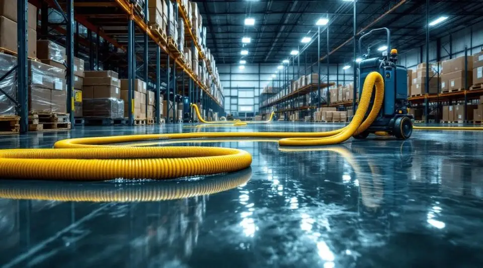 Industrial water extraction equipment clearing a flooded warehouse floor with professional technicians in Ladson.