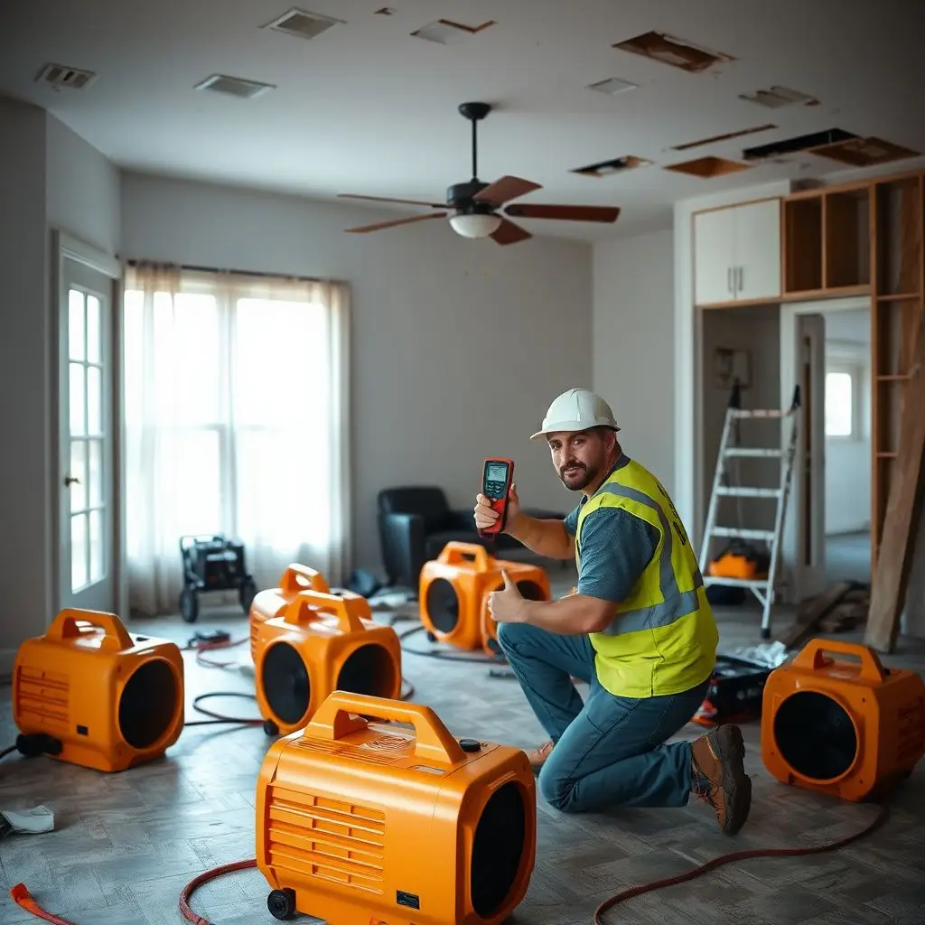 A clean, organized restoration setup inside a Ladson living room with air movers and dehumidifiers in place.