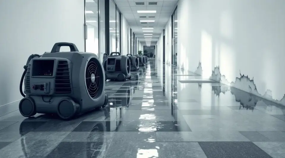 Restoration technicians deploying industrial drying equipment in a modern commercial office corridor after a flood in Ladson.