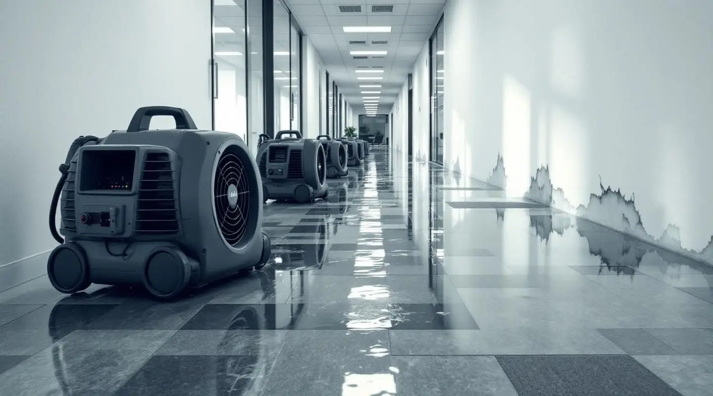 Restoration technicians deploying industrial drying equipment in a modern commercial office corridor after a flood in Ladson.