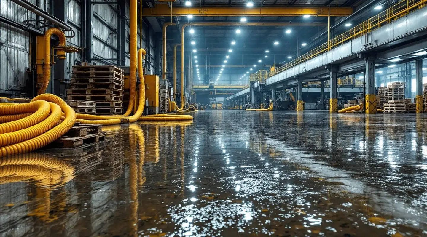 Professional restoration crew using high-capacity water extractors in a large Ladson warehouse after a major flood event.