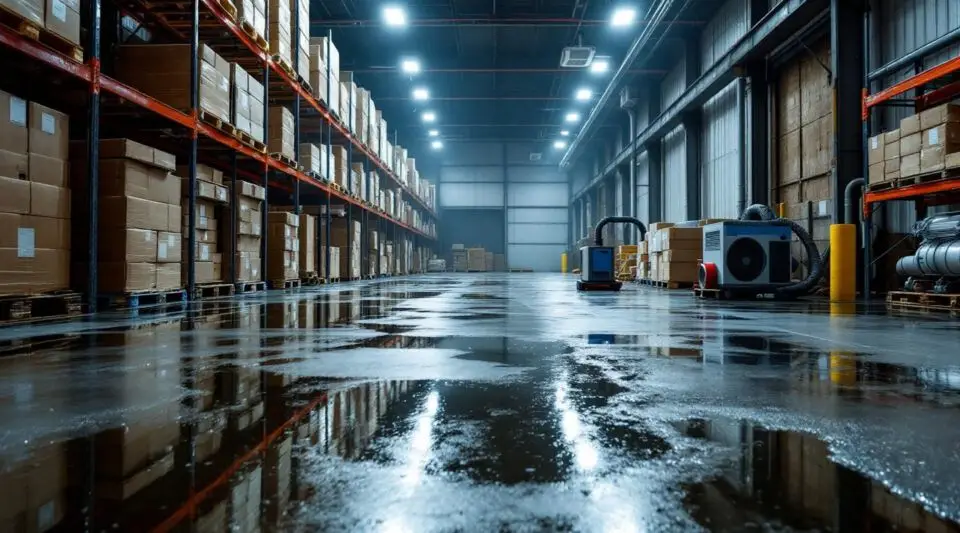 Commercial technicians using industrial air movers and dehumidifiers in a large Ladson warehouse facility.