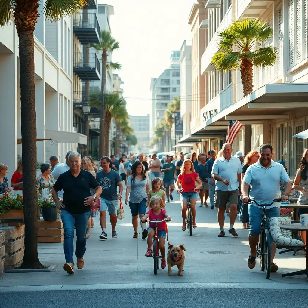 A scenic view of Center Street in Folly Beach, showing the eclectic mix of local shops and palm trees that define the island's character.