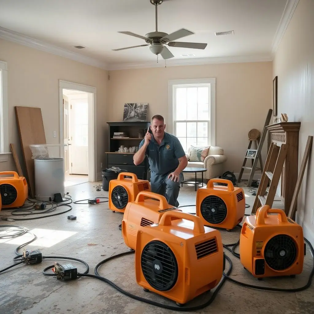 A close-up of a high-tech air mover drying a carpeted room in a Mount Pleasant home.
